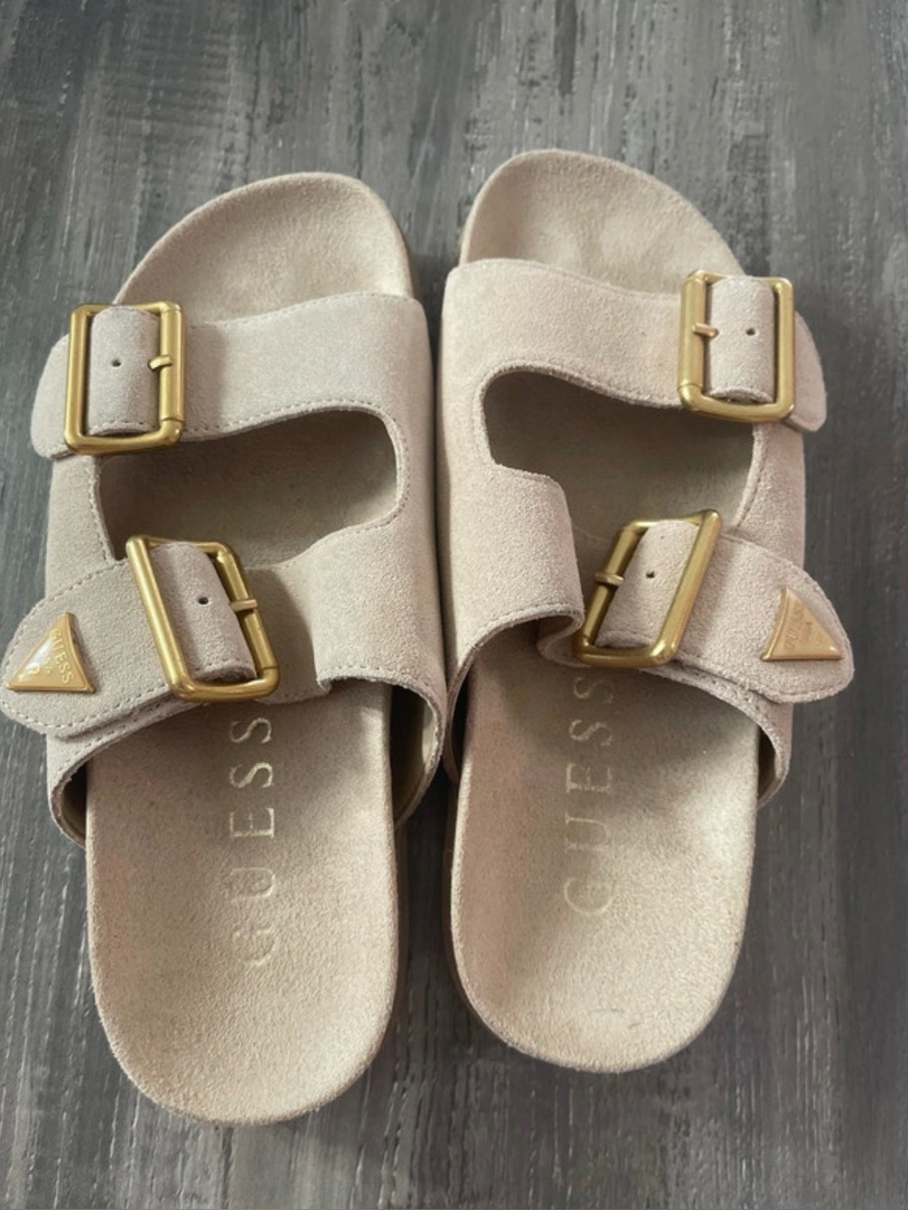 Guess Taupe Suede Double Buckle Slide Sandals with Gold Hardware